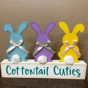 Colorful Cottontail Cuties Bunny Trio Sign - Blue Purple Yellow